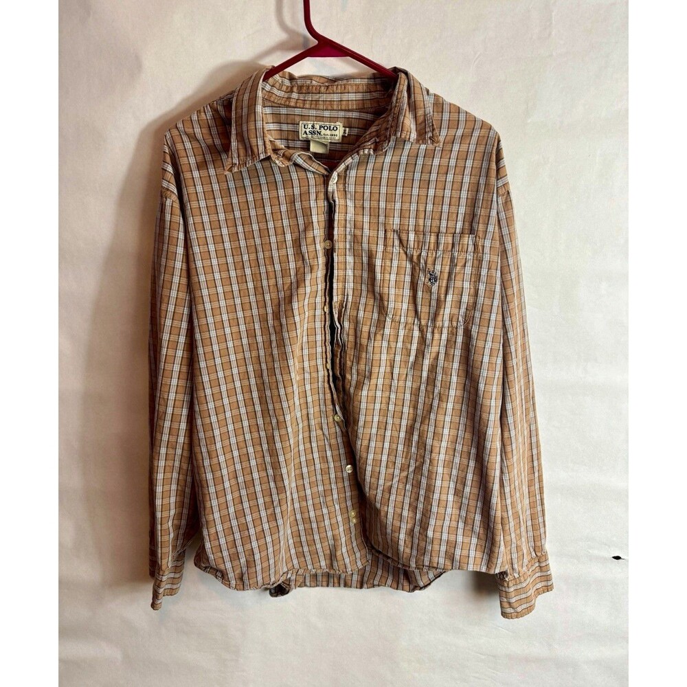 U.S. Polo Assn. XL Regular Plaid Brown/White Long Sleeve Button-Up w/ Pockets